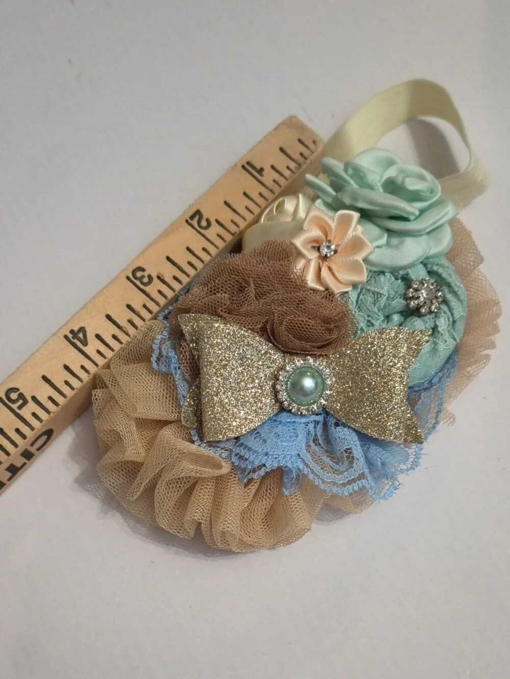 Girls Beige Blue Mint Floral Headband with Gold Glitter Bow